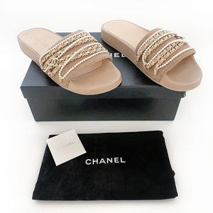 Chanel Chain Pearl Slide Sandal EU 41 US 10-10.5 Beige Tweed CC Flat Pool Tan